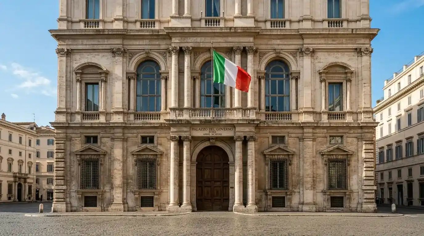 Edificio istituzionale italiano con bandiera tricolore