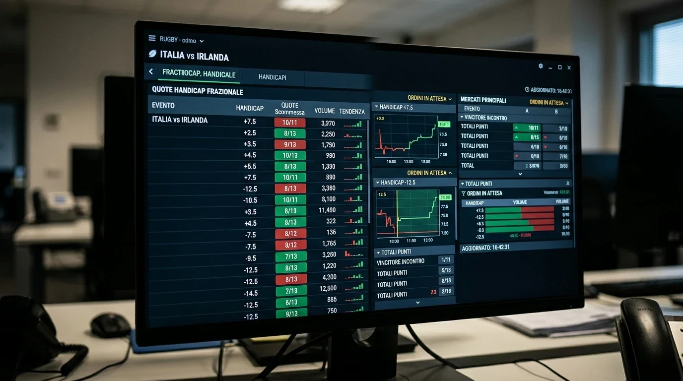 Schermo di trading sportivo con linee handicap a quarti di punto
