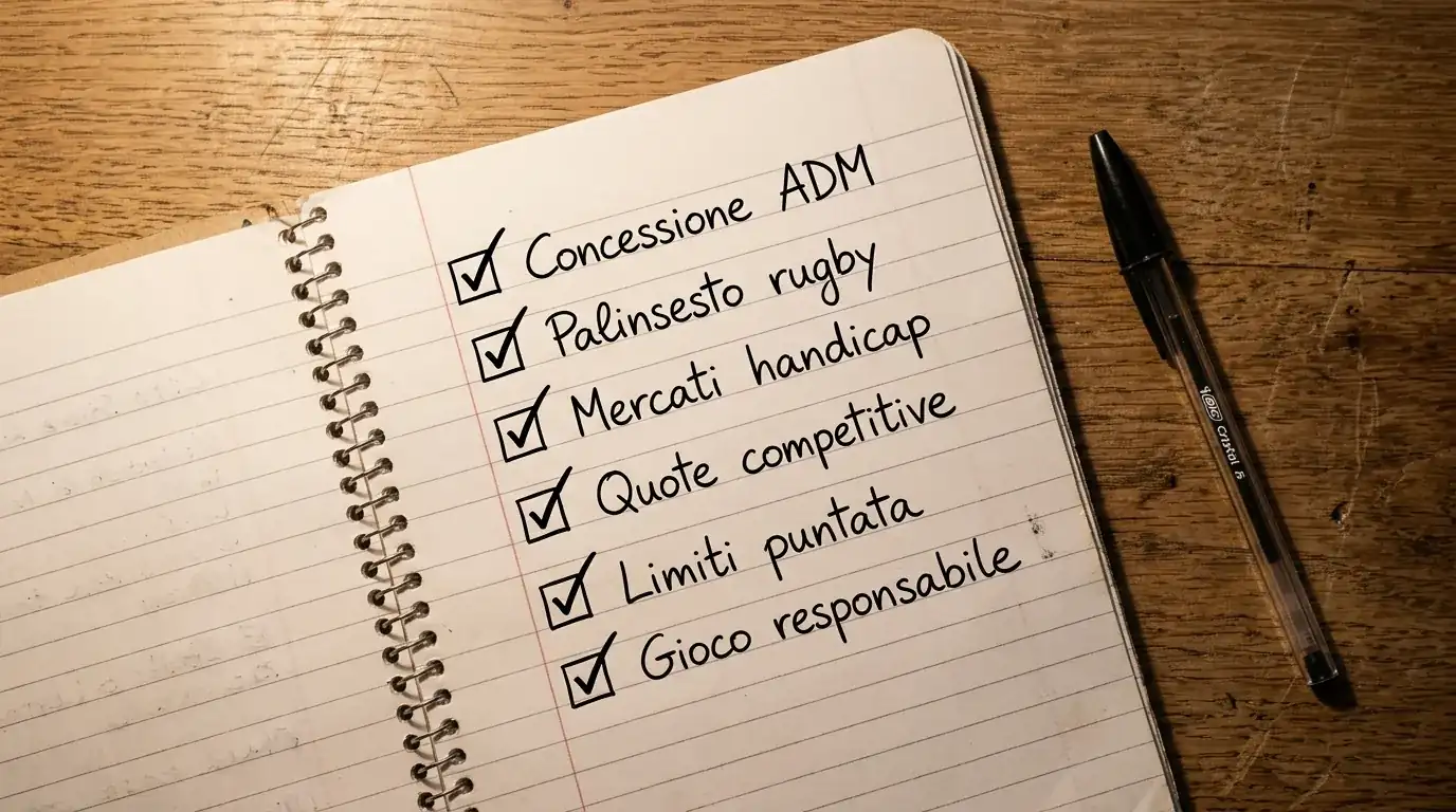 Checklist scritta a mano con i criteri di valutazione di un bookmaker rugby