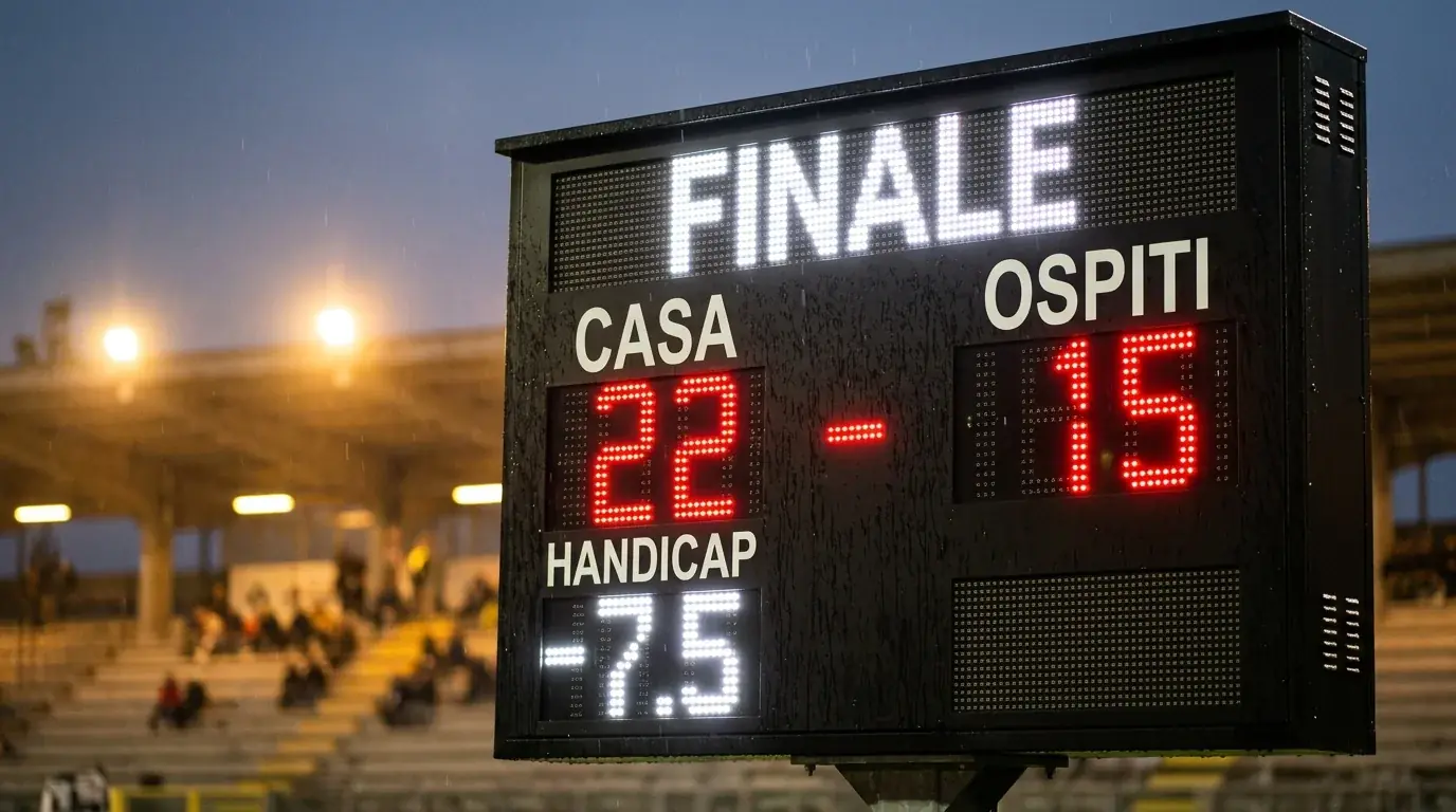 Tabellone elettronico con punteggio rugby e linea handicap evidenziata