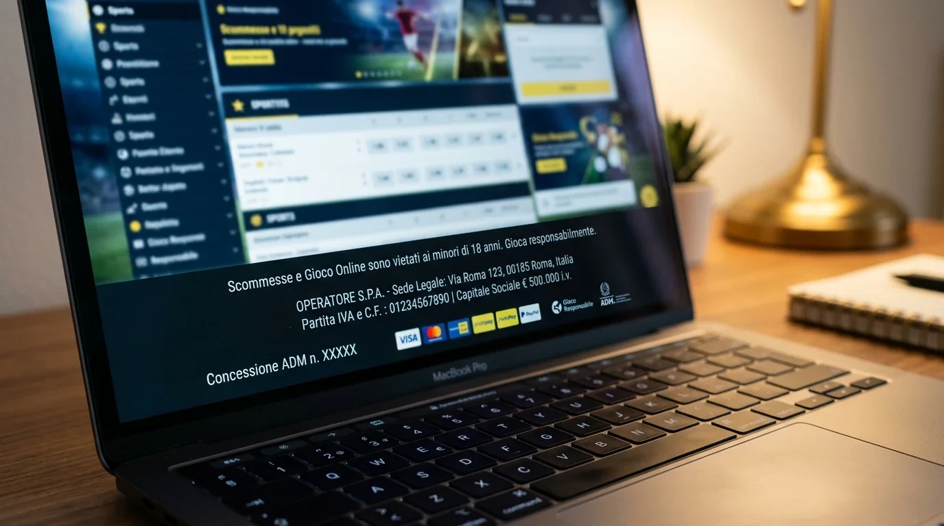 Schermo mostra il footer di un sito di scommesse con il numero di concessione ADM
