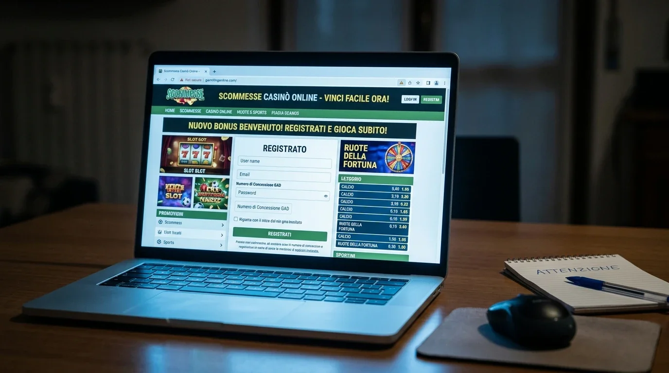 Schermo di laptop mostra un sito web non regolamentato con avviso di pericolo