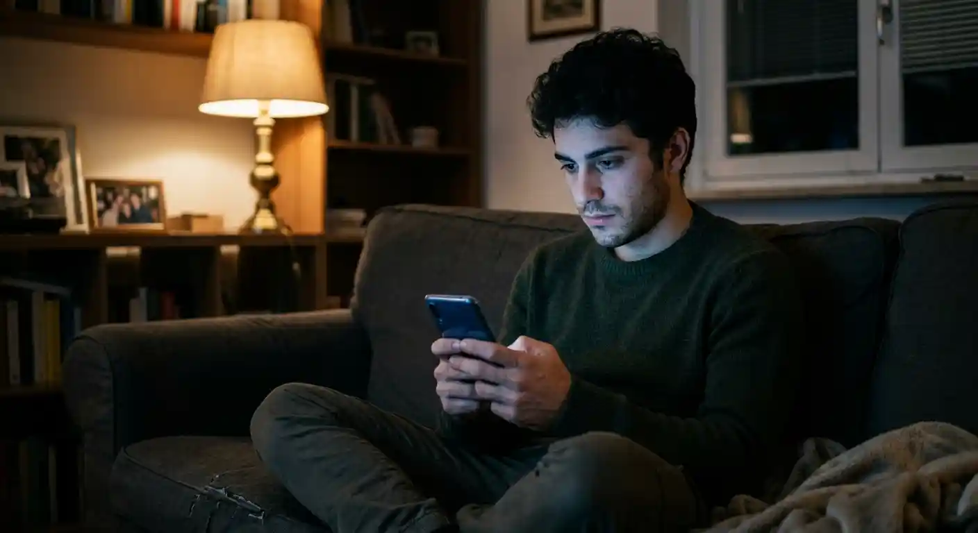 Giovane adulto utilizza lo smartphone in un ambiente domestico serale