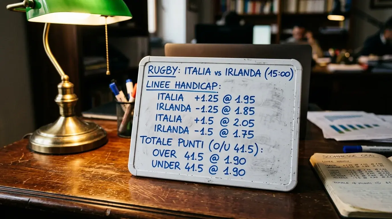 Lavagna con linee handicap frazionate scritte a mano per una partita di rugby