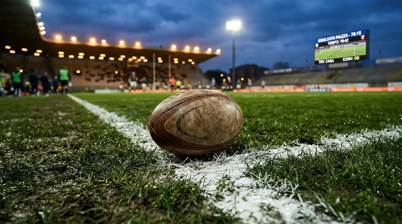 Pallone da rugby ovale appoggiato sulla linea di meta di uno stadio illuminato