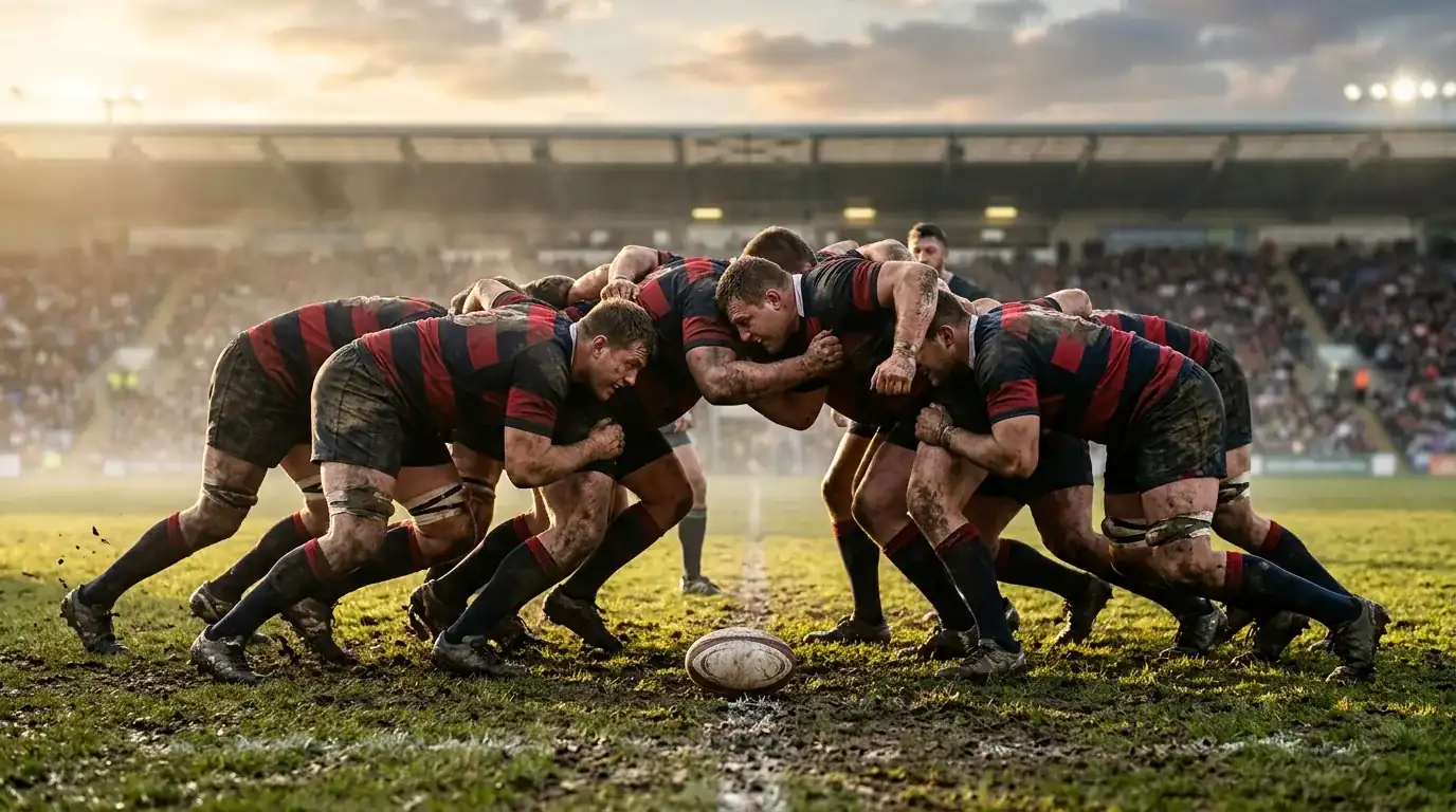 Mischia di rugby in azione su campo da Sei Nazioni con palla ovale