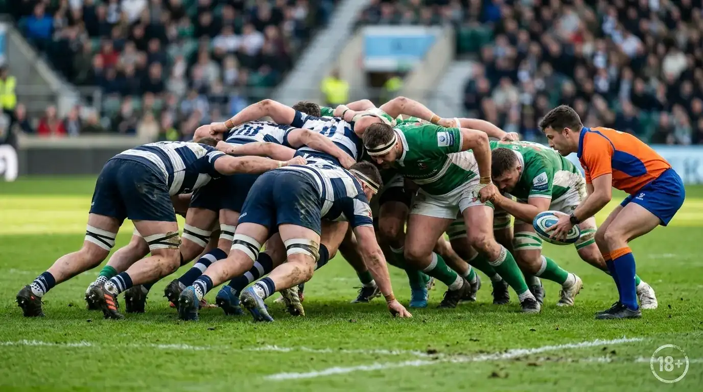 Mischia di rugby a XV con simbolo del gioco responsabile sovrapposto