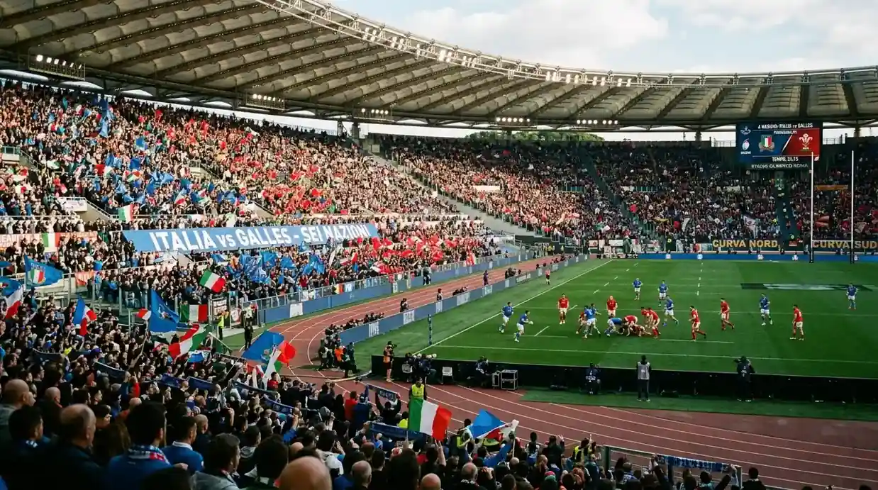 Stadio Olimpico di Roma pieno durante una partita Italia-Galles del Sei Nazioni