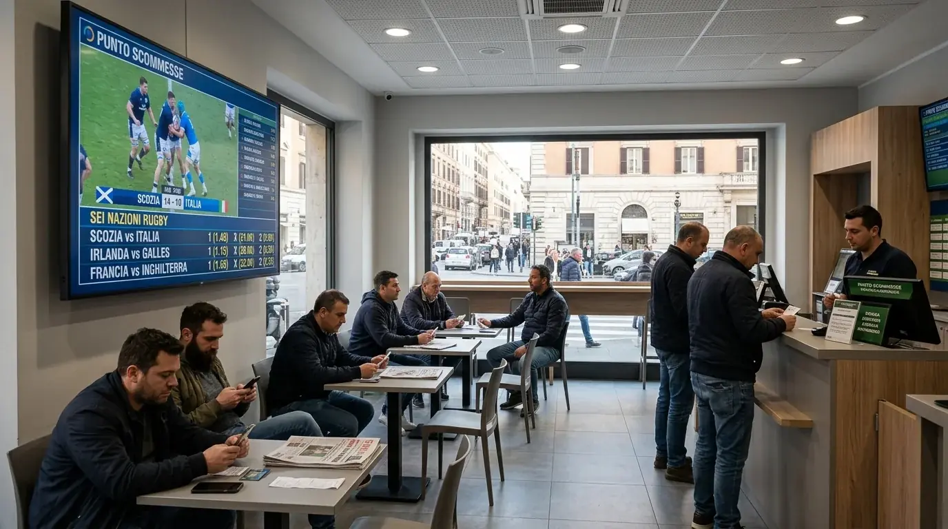 Postazione di scommesse sportive in Italia con palinsesto rugby