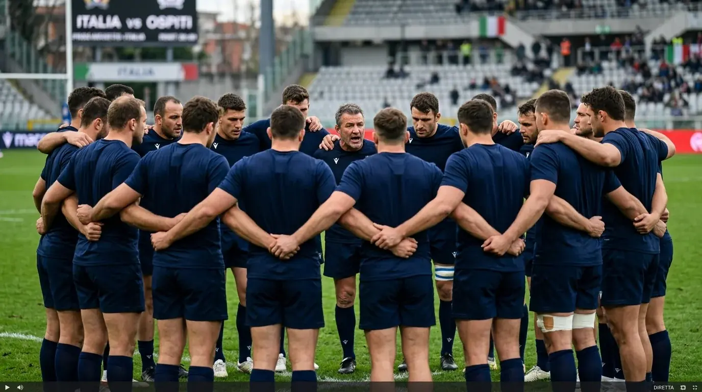 Squadra nazionale italiana di rugby raccolta in cerchio prima del calcio d'inizio