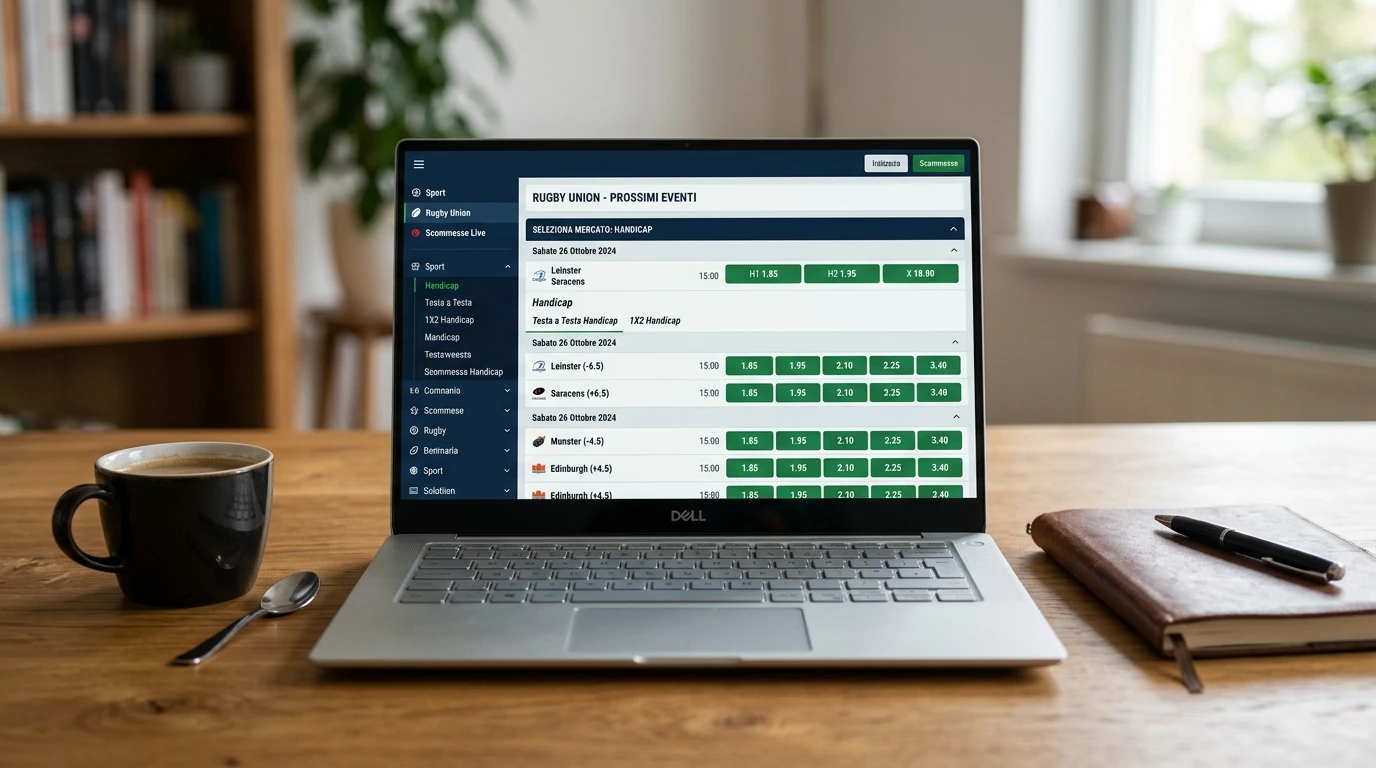 Schermo di laptop mostra palinsesto rugby di un bookmaker con mercati handicap