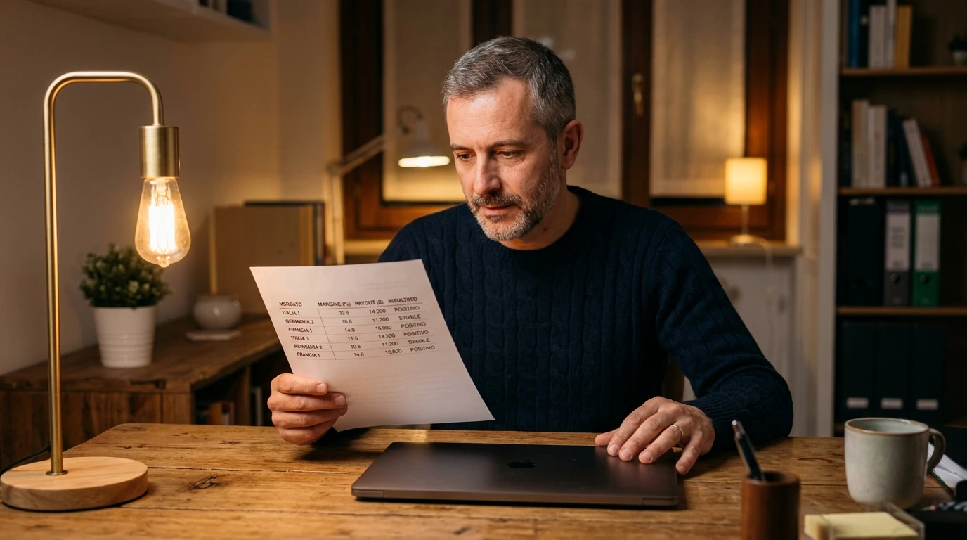 Persona analizza il payout di un bookmaker rugby su un documento stampato