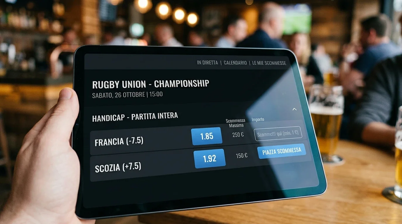 Display con quote handicap di una partita di rugby in formato decimale