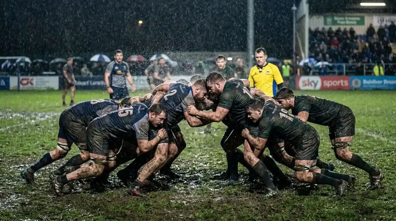 Partita di rugby disputata sotto la pioggia con campo bagnato e mischia chiusa