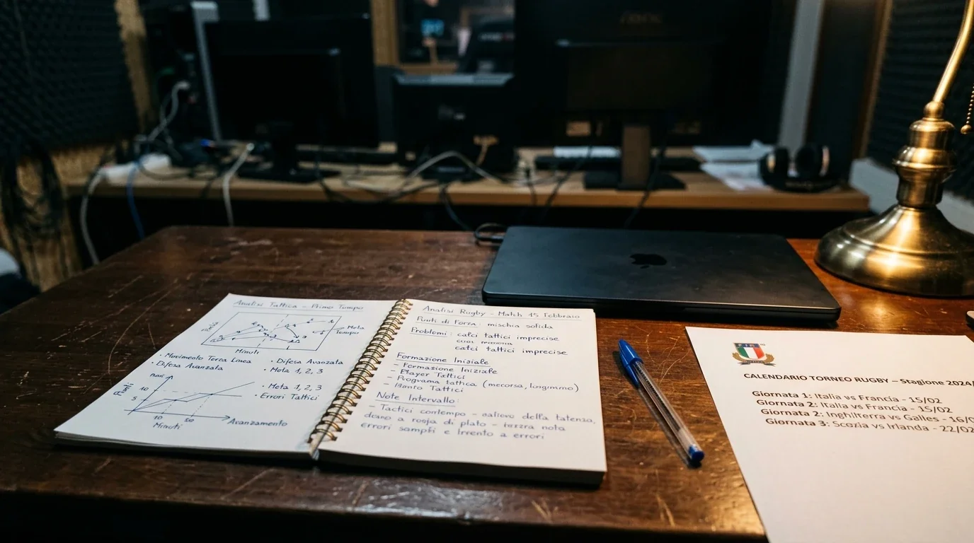 Analista sportivo studia statistiche di rugby su quaderno con grafici a mano
