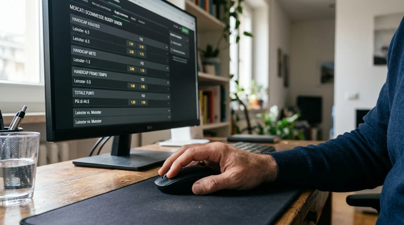 Mano scorre con il mouse una lista di mercati handicap rugby sullo schermo