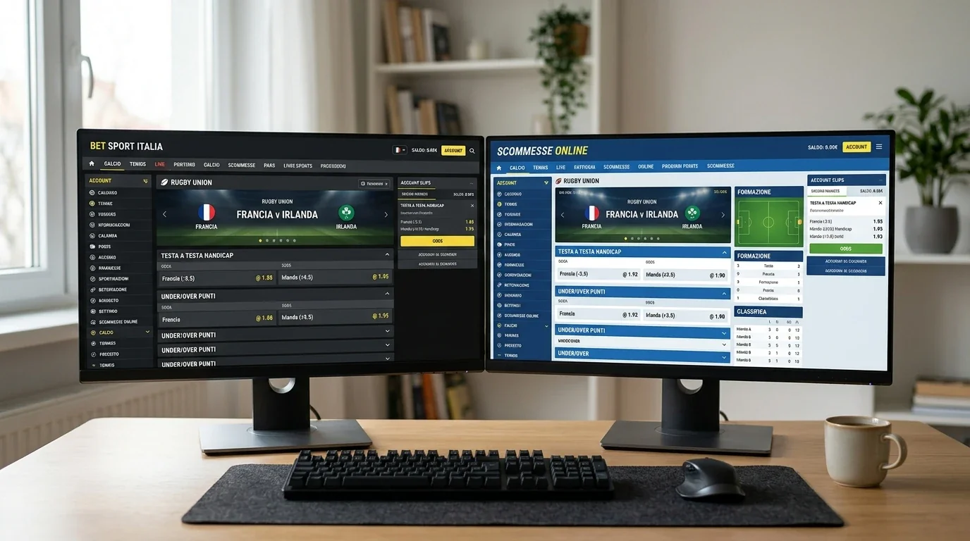 Due monitor affiancati confrontano le quote handicap rugby di operatori diversi