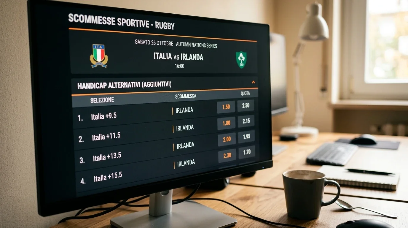 Schermo mostra diverse linee handicap alternative sullo stesso match di rugby