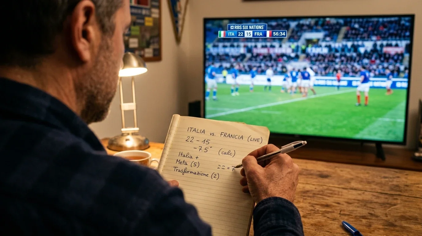 Mano annota su un taccuino il calcolo di un handicap rugby accanto a un televisore con la partita
