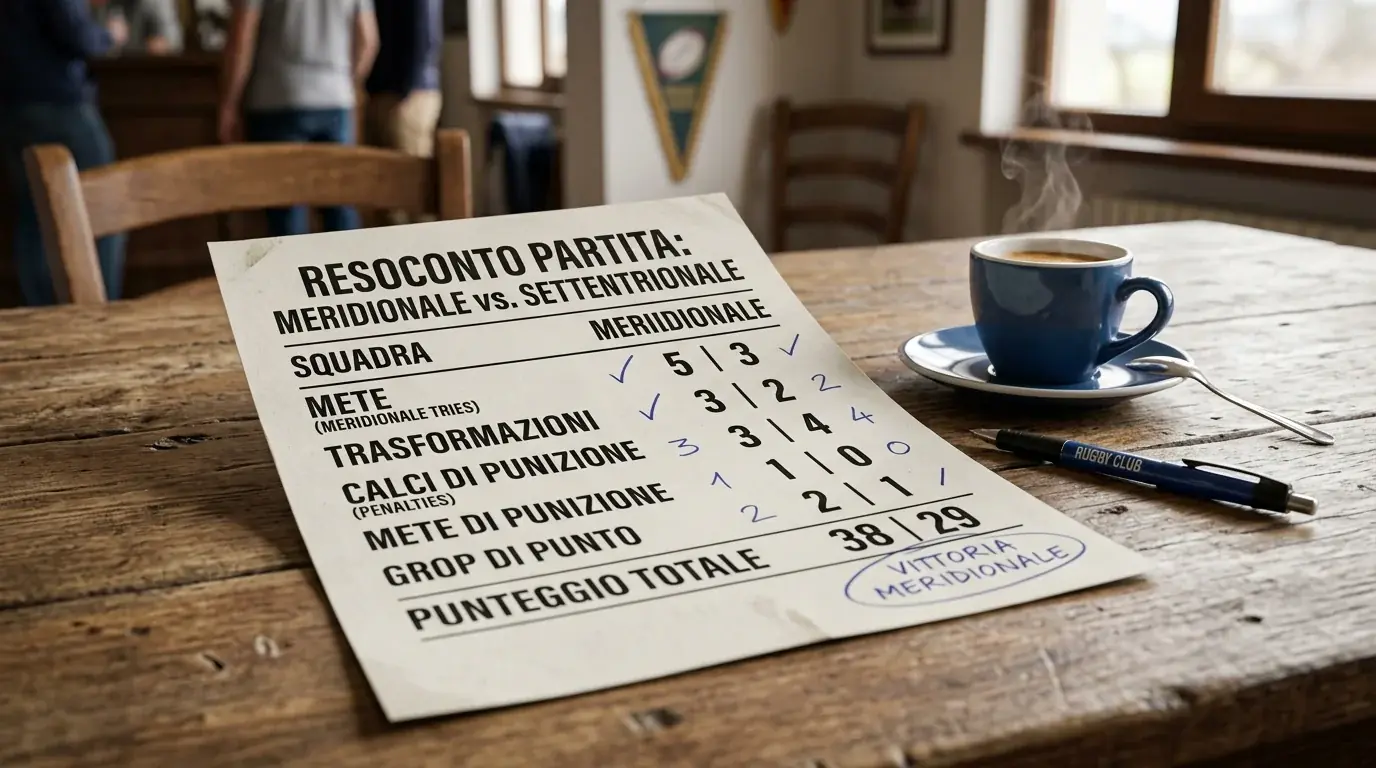 Tabellino del match di rugby mostra il conteggio delle mete segnate dalle due squadre