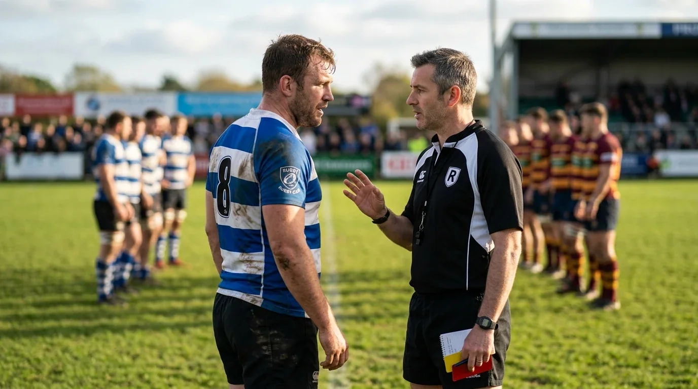 Capitano di rugby parla con l'arbitro durante una partita in segno di rispetto