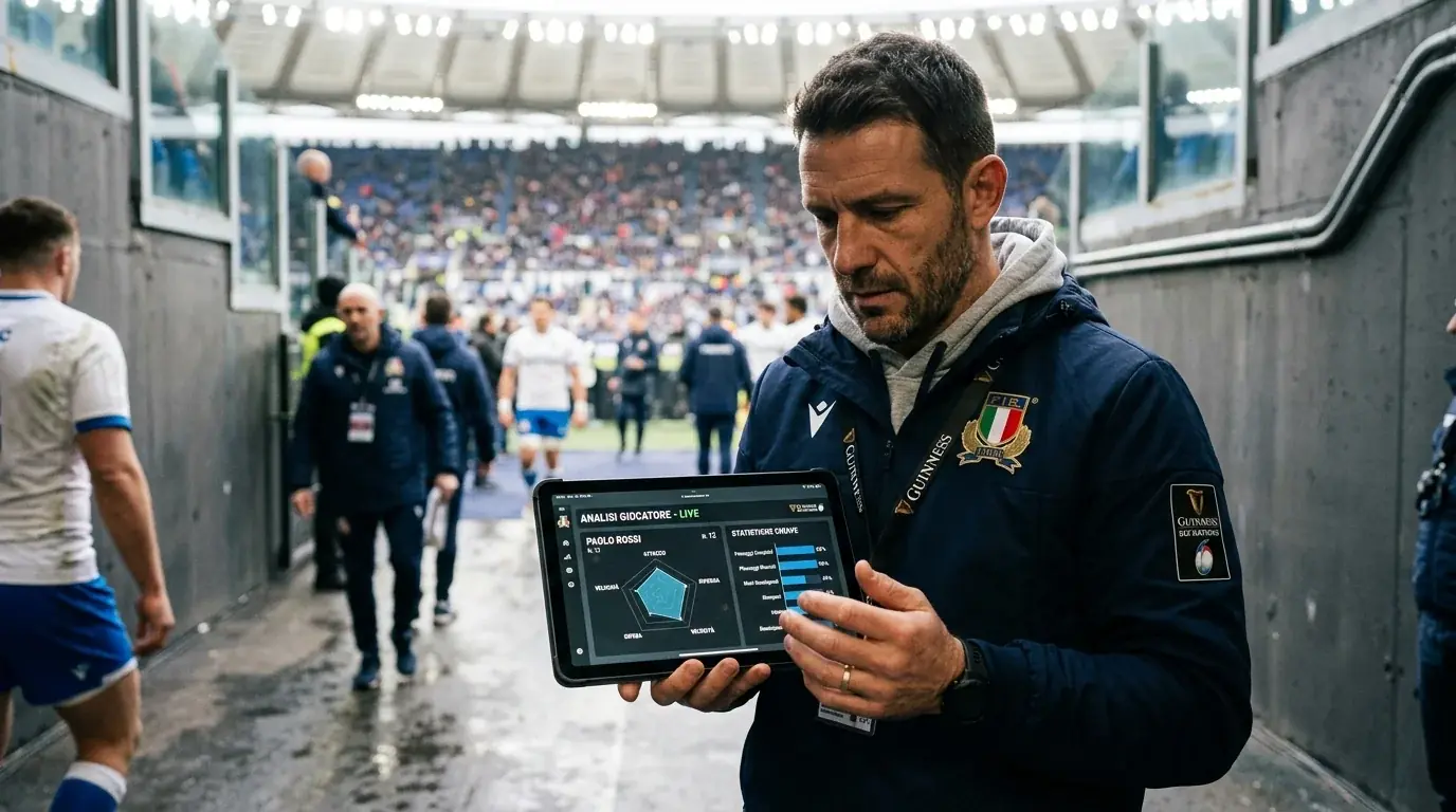 Allenatore con tablet rivede dati squadra prima del prezzaggio della linea