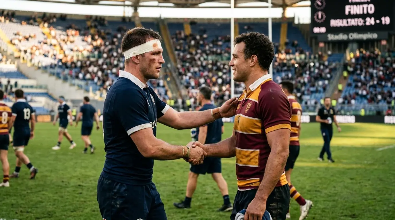 Giocatori di rugby si stringono la mano a fine partita con tabellone in evidenza