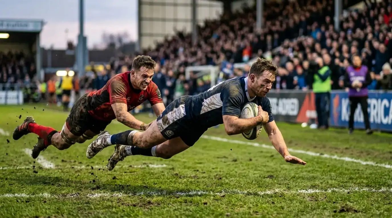 Giocatore di rugby segna una meta nei minuti finali della partita