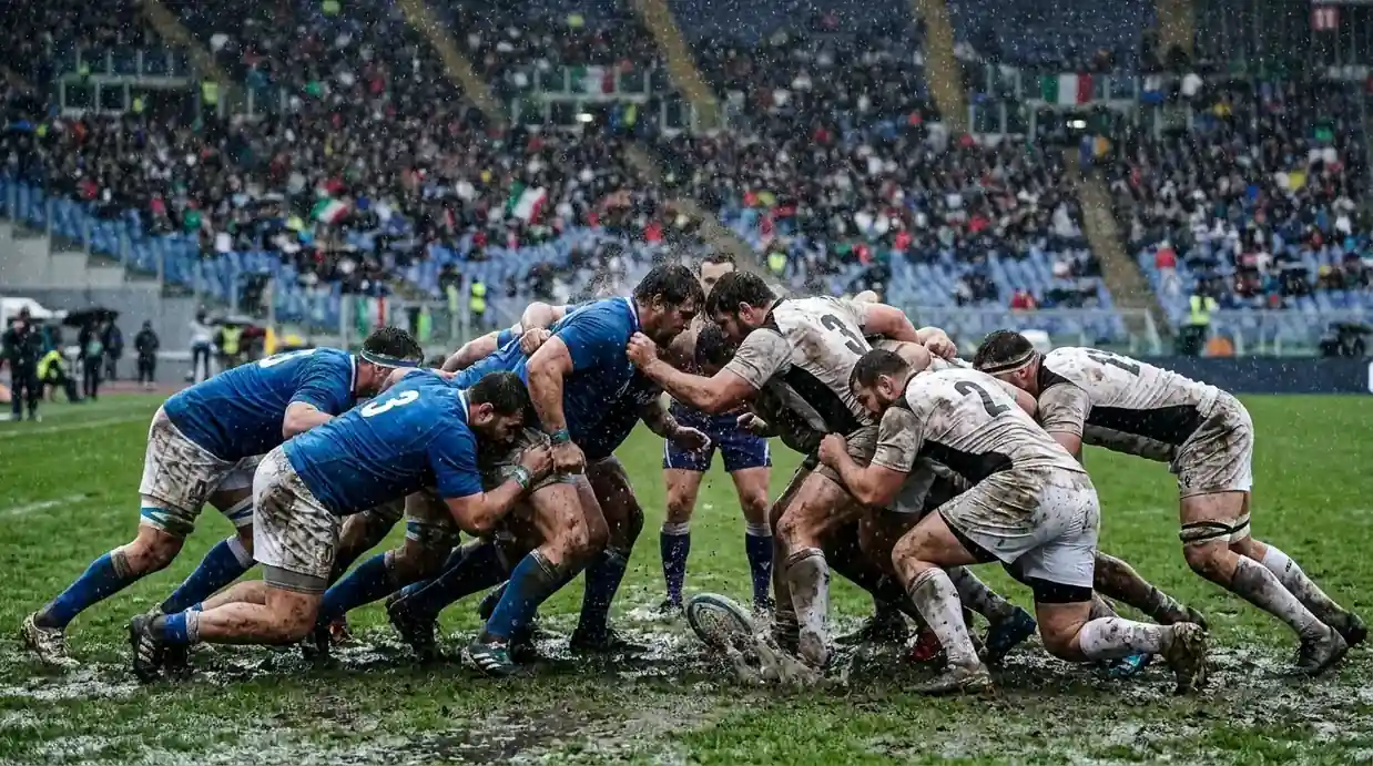 Partita di rugby disputata sotto la pioggia battente con campo bagnato