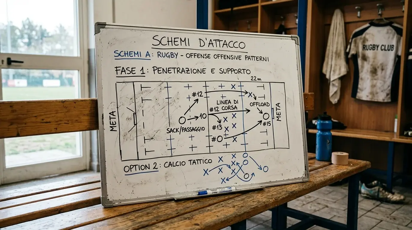 Lavagna tattica con schema offensivo per gioco di meta nel rugby