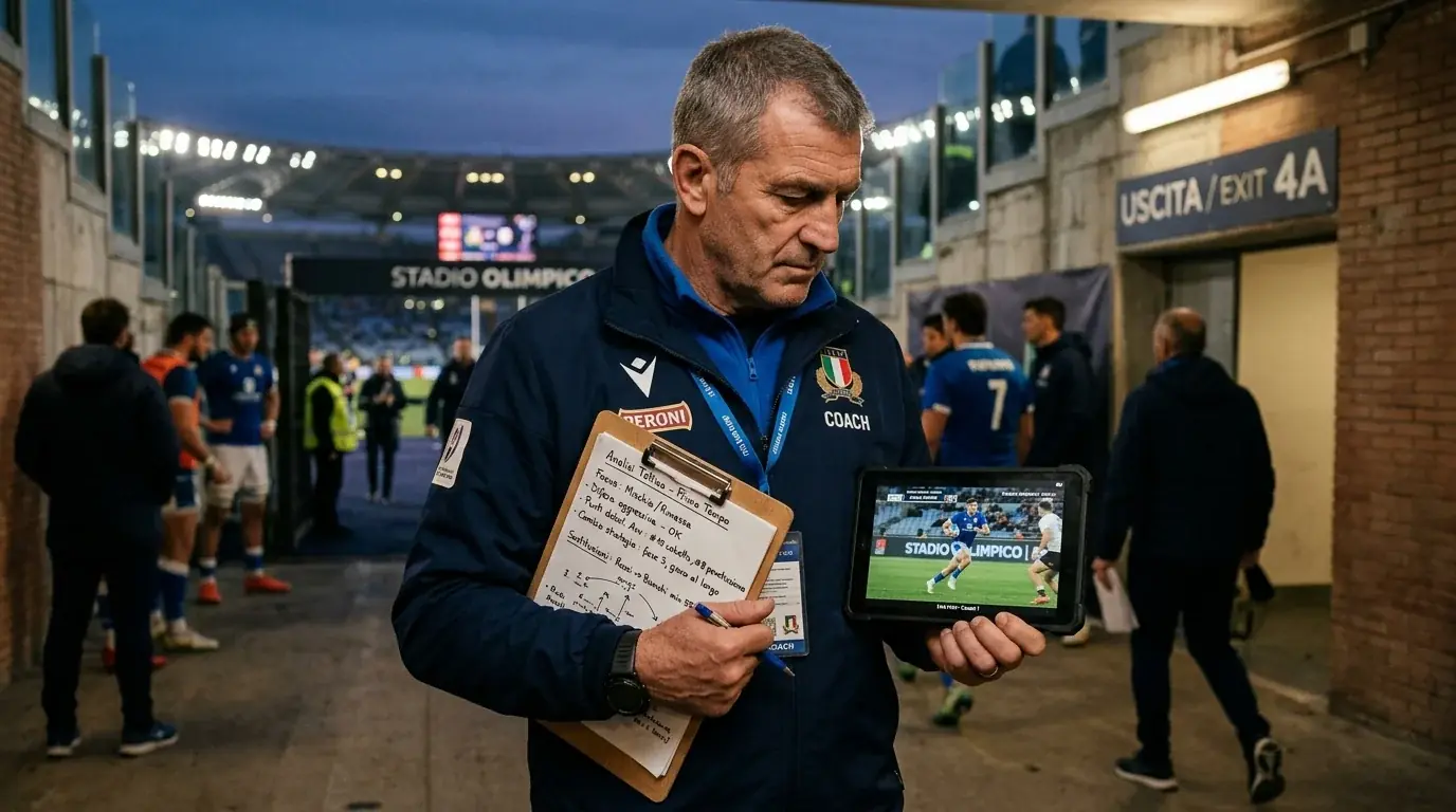 Allenatore di rugby con appunti rivede gli errori della partita