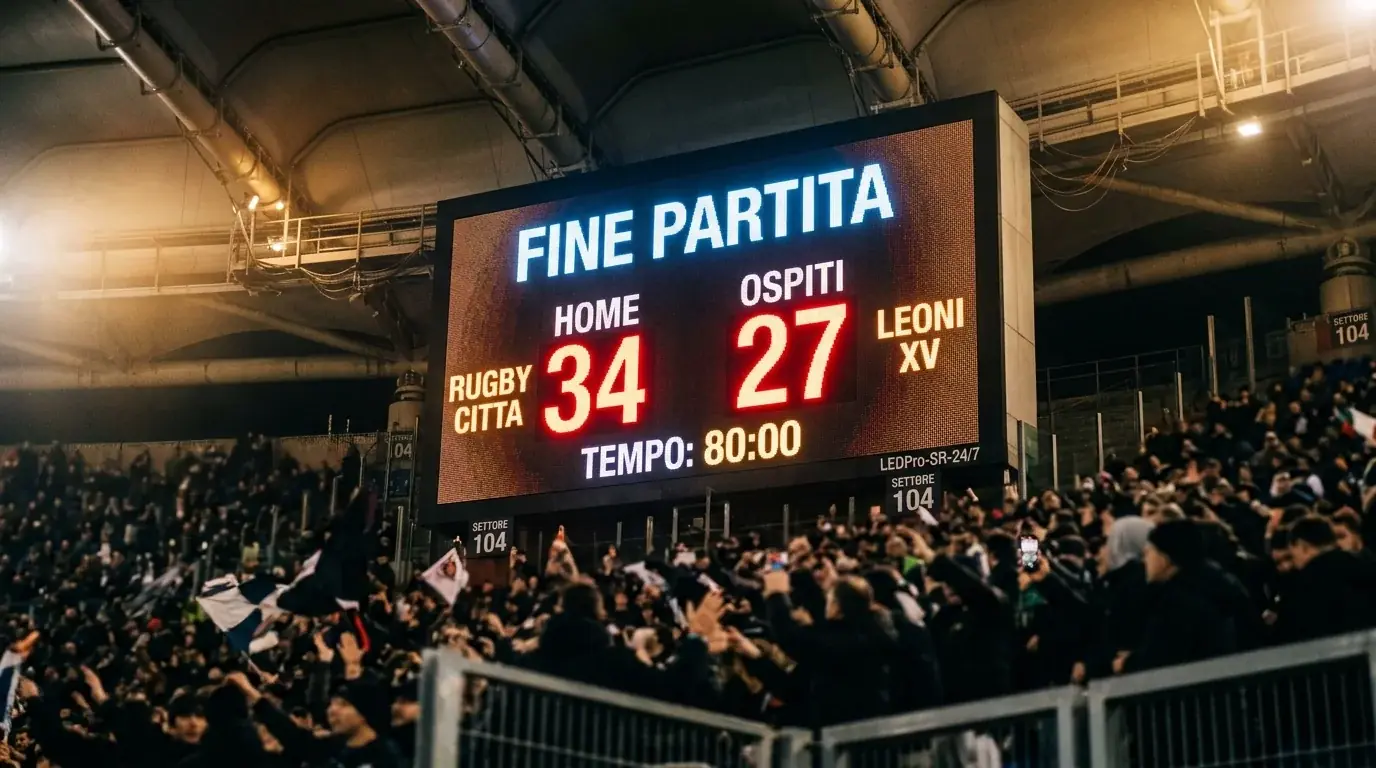 Tabellone di rugby mostra punteggio finale con scarto esattamente sulla linea handicap