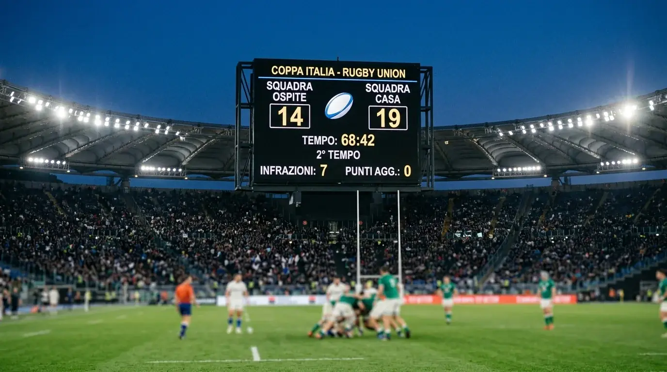 Tabellone elettronico dello stadio con punteggio di partita di rugby