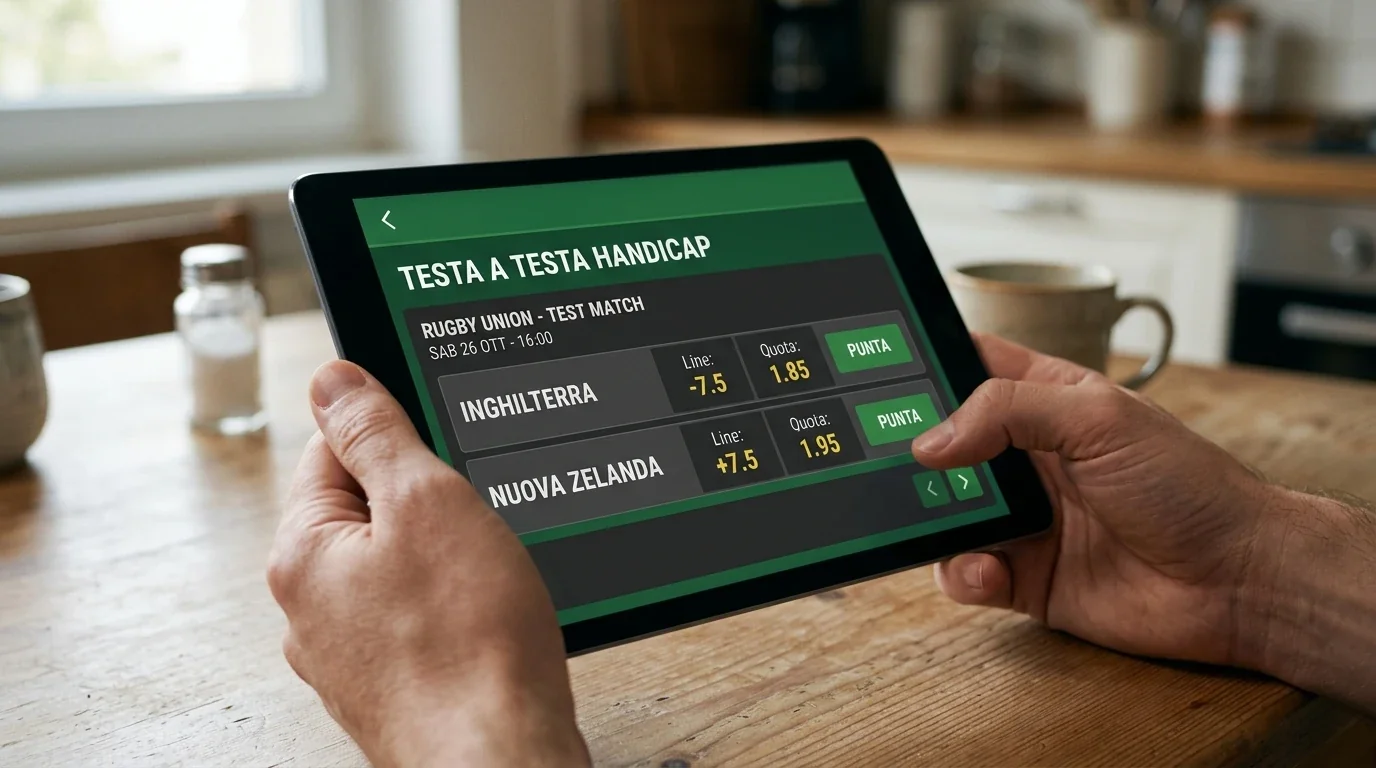 Schermo mostra il mercato testa a testa handicap rugby con quote 1.85 e 1.95