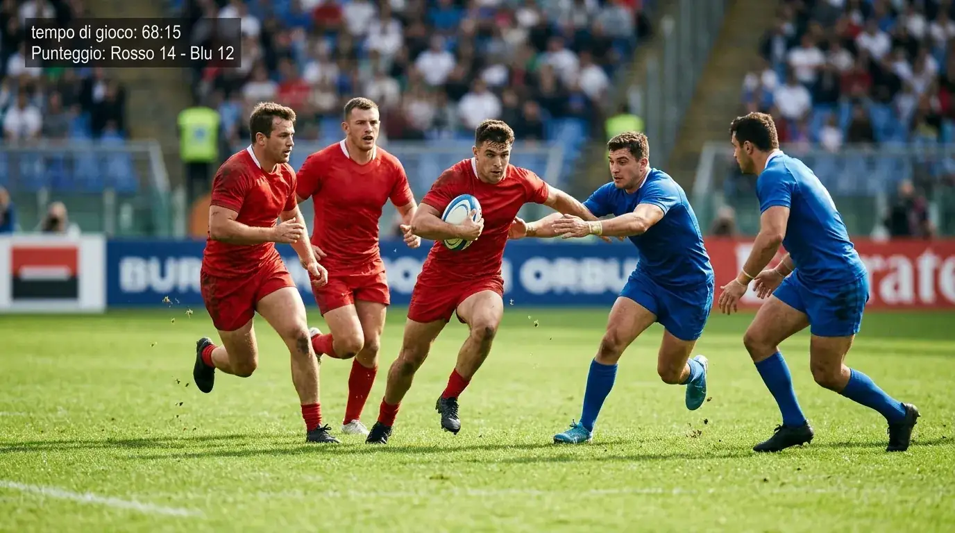 Trequarti del rugby in attacco verso la linea di meta in una partita internazionale