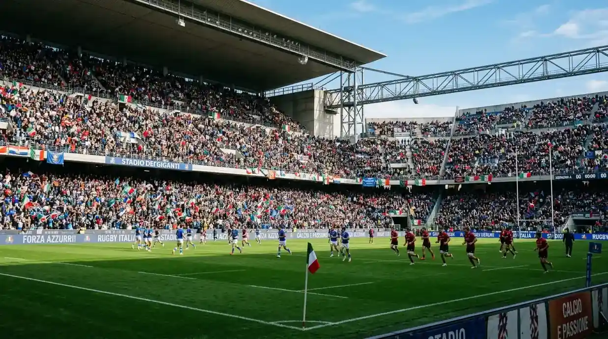 Stadio gremito durante una partita del Sei Nazioni di rugby con tifosi sugli spalti