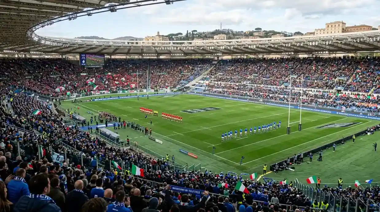 Stadio Olimpico di Roma gremito durante una partita del Sei Nazioni di rugby
