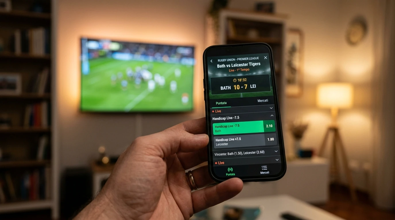 Mano tiene uno smartphone con interfaccia di scommesse live durante una partita di rugby