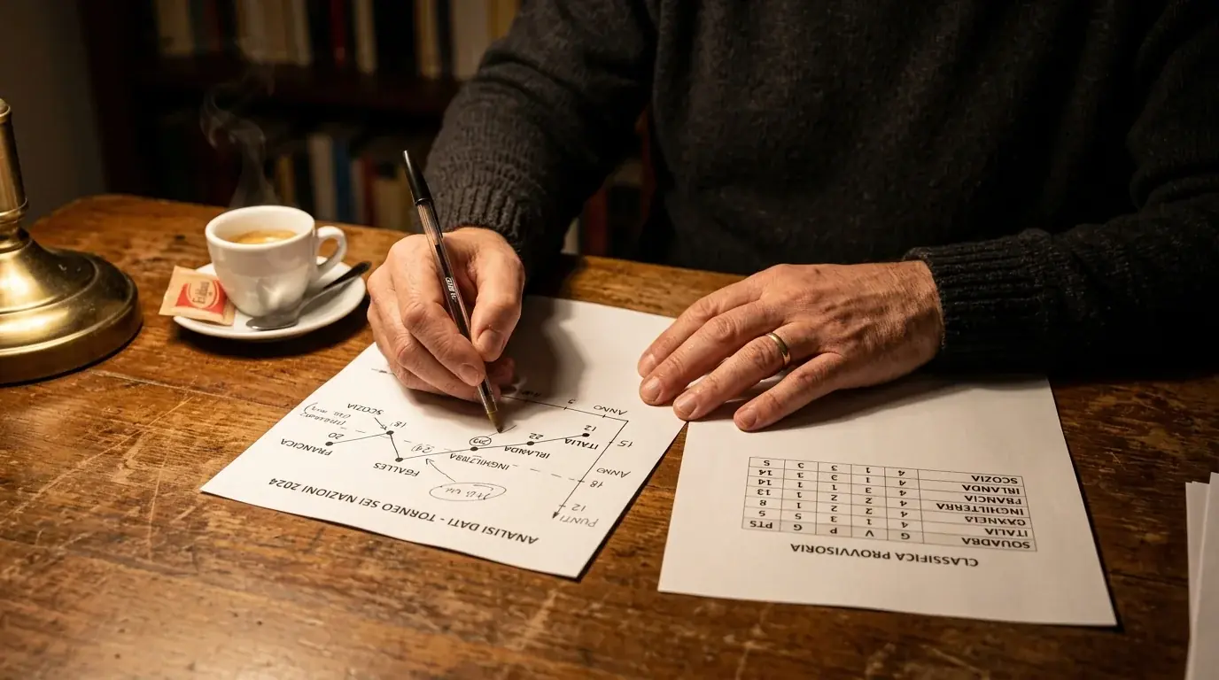 Analista studia grafici e tabelle con i margini di scarto del Sei Nazioni